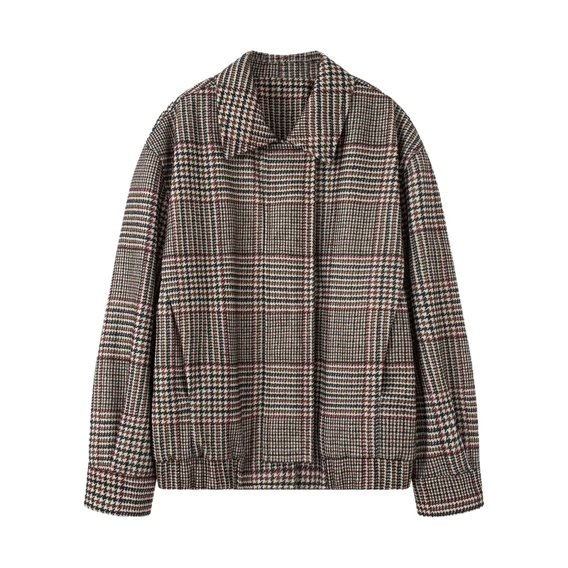 Damen Oversize-Kurzjacke im Hahnentritt-Muster mit Stehkragen und elastischem Saum Nord Taschen