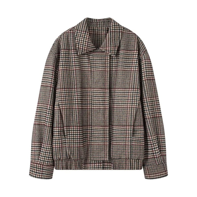 Damen Oversize-Kurzjacke im Hahnentritt-Muster mit Stehkragen und elastischem Saum Nord Taschen