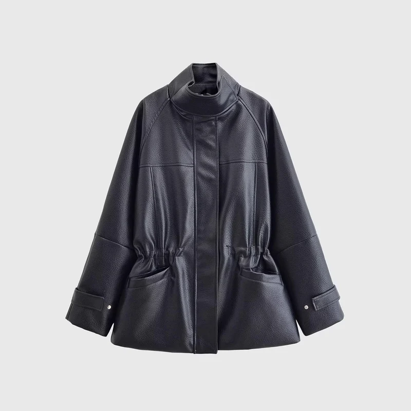 Damen Oversize-Kunstlederjacke mit Stehkragen, Taillen-Tunnelzug und aufgesetzten Taschen Nord Taschen