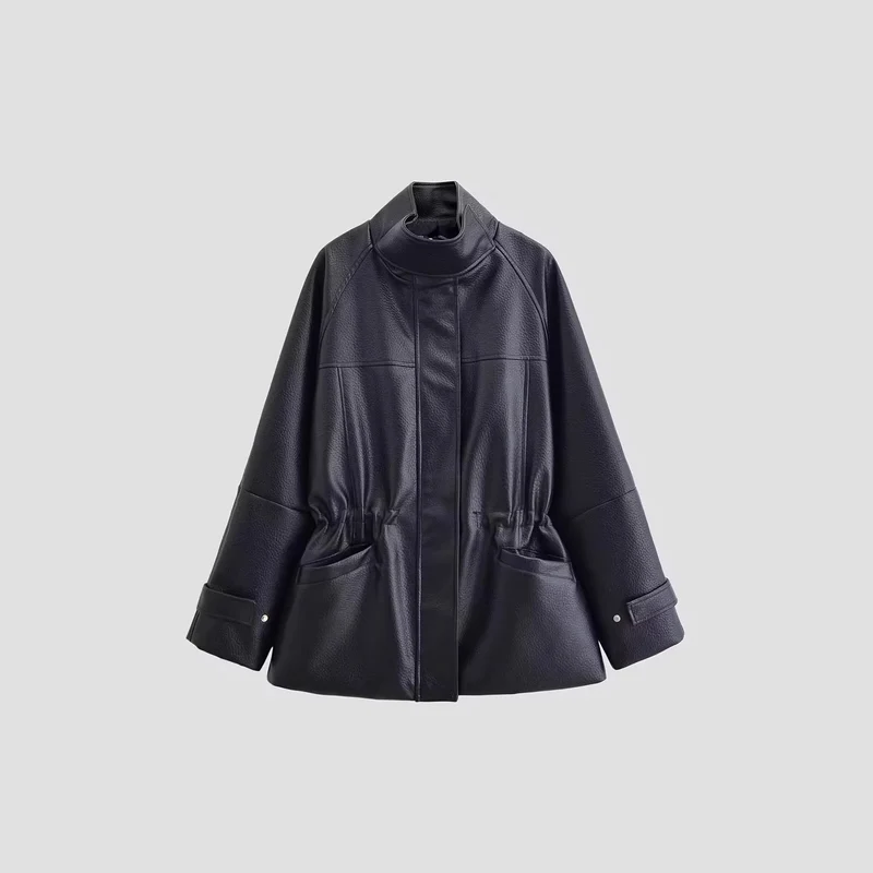 Damen Oversize-Kunstlederjacke mit Stehkragen, Taillen-Tunnelzug und aufgesetzten Taschen Nord Taschen