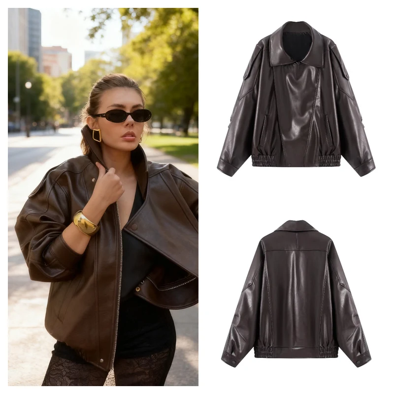 Damen Oversize Kunstleder-Bomberjacke mit Utility-Taschen, hohem Kragen und elastischem Saum Nord Taschen