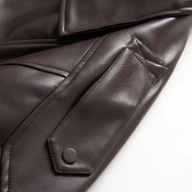 Damen Oversize Kunstleder-Bomberjacke mit Utility-Taschen, hohem Kragen und elastischem Saum Nord Taschen