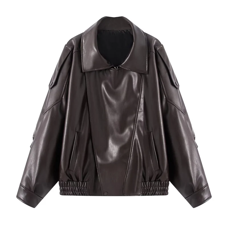 Damen Oversize Kunstleder-Bomberjacke mit Utility-Taschen, hohem Kragen und elastischem Saum Nord Taschen
