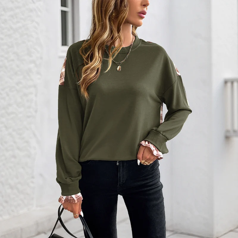 Damen Lässiges Rundhals-Sweatshirt mit Karomuster‑Einsätzen und gerafften Manschetten Nord Taschen