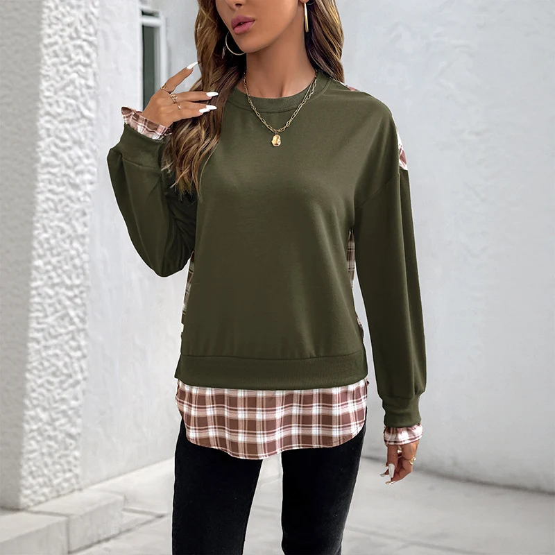 Damen Lässiges Rundhals-Sweatshirt mit Karomuster‑Einsätzen und gerafften Manschetten Nord Taschen
