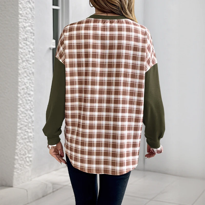 Damen Lässiges Rundhals-Sweatshirt mit Karomuster‑Einsätzen und gerafften Manschetten Nord Taschen