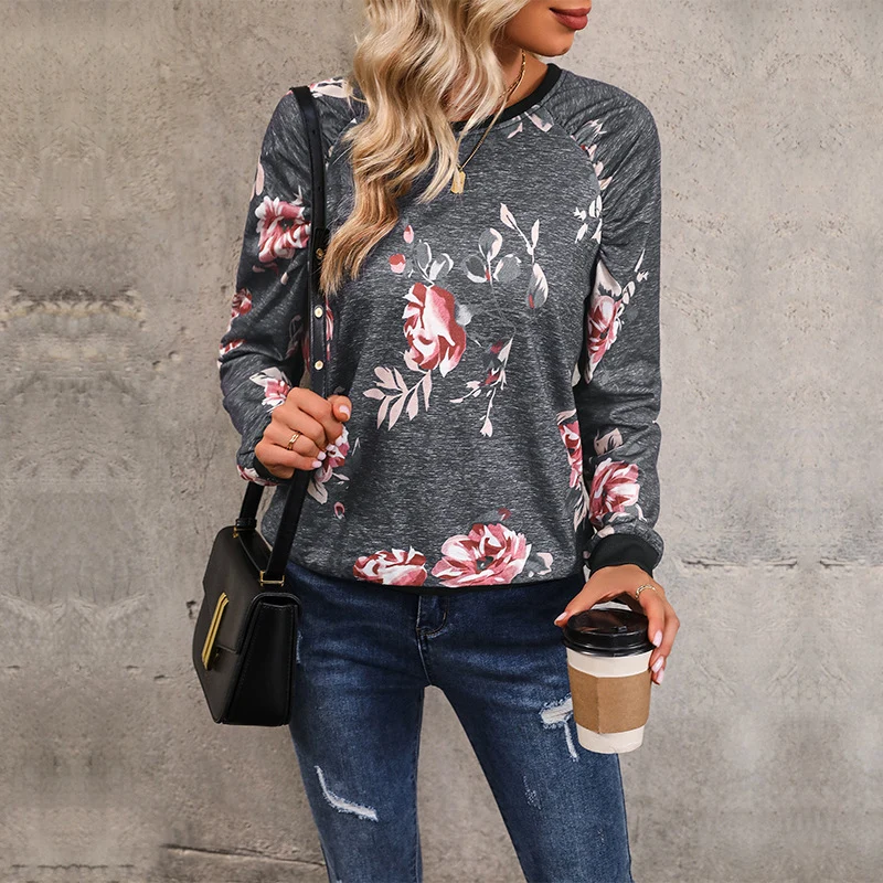 Damen Lässiges Raglan-Sweatshirt mit floralem Vintage-Muster und gerippten Bündchen Nord Taschen