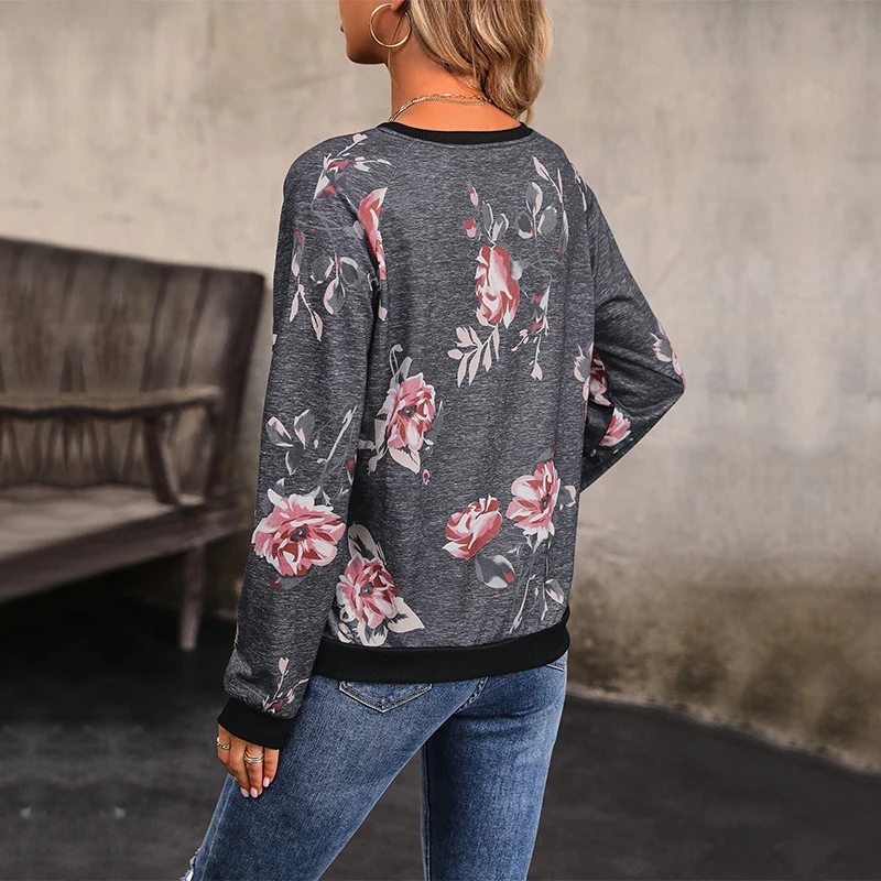 Damen Lässiges Raglan-Sweatshirt mit floralem Vintage-Muster und gerippten Bündchen Nord Taschen