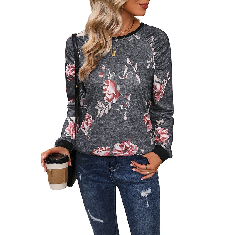 Damen Lässiges Raglan-Sweatshirt mit floralem Vintage-Muster und gerippten Bündchen Nord Taschen