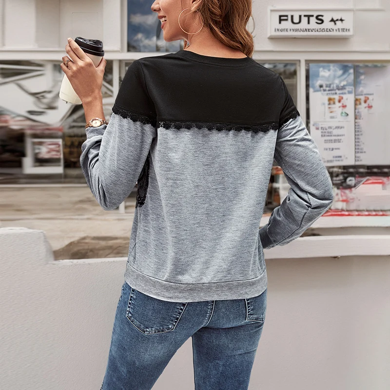 Damen Lässiges Longsleeve mit floraler Spitzenapplikation, Colorblock‑Yoke und Rundhals Nord Taschen