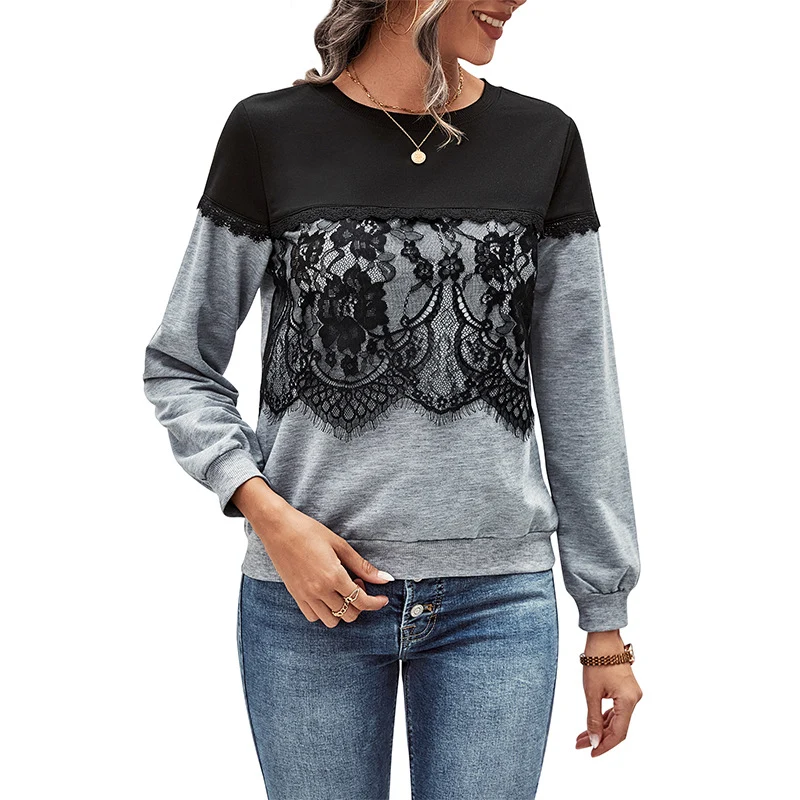 Damen Lässiges Longsleeve mit floraler Spitzenapplikation, Colorblock‑Yoke und Rundhals Nord Taschen