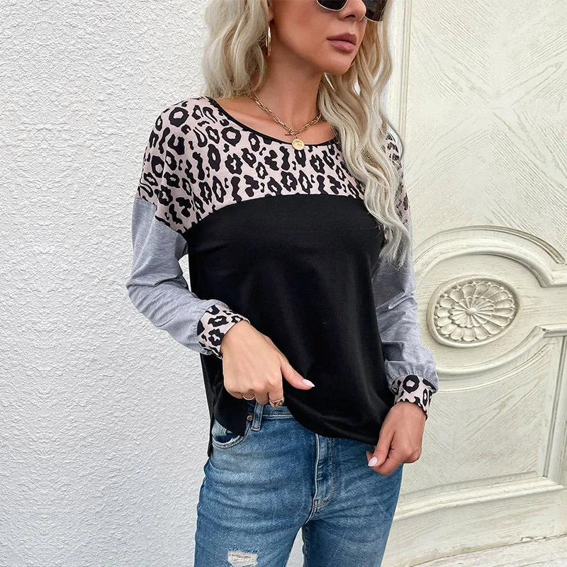 Damen Lässiges Langarmshirt mit Leo-Einsatz und Kontrastärmeln Nord Taschen