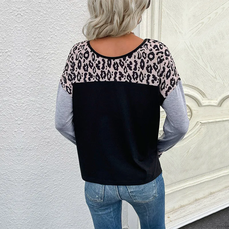 Damen Lässiges Langarmshirt mit Leo-Einsatz und Kontrastärmeln Nord Taschen