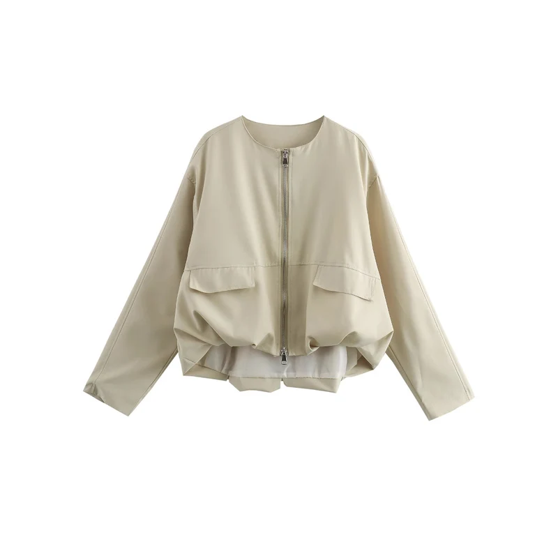 Damen Leichte Cropped Bomberjacke mit Rundhals, Zwei-Wege-Reißverschluss und Pattentaschen Nord Taschen