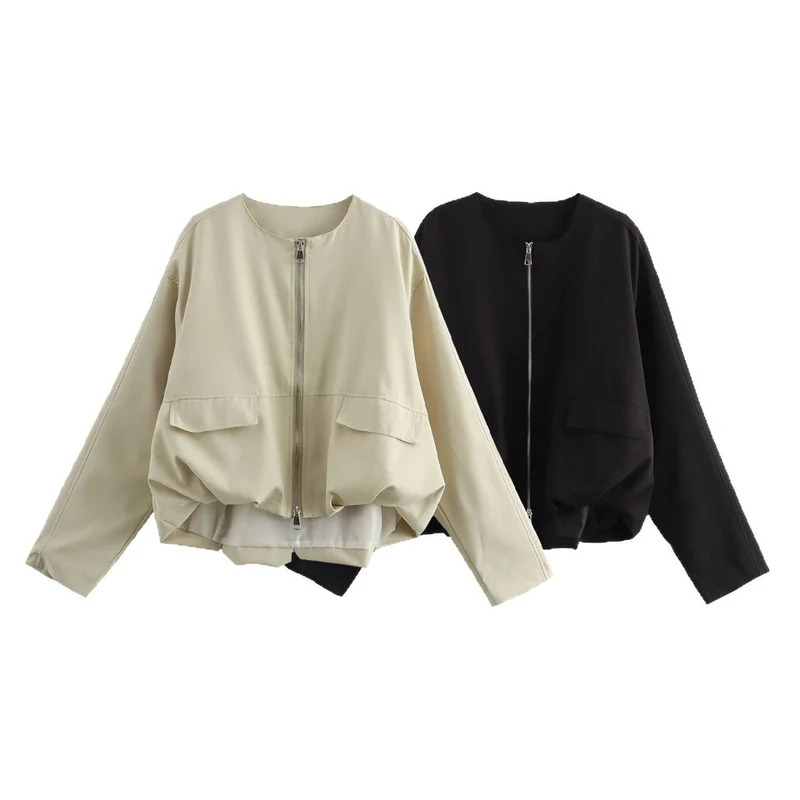 Damen Leichte Cropped Bomberjacke mit Rundhals, Zwei-Wege-Reißverschluss und Pattentaschen Nord Taschen