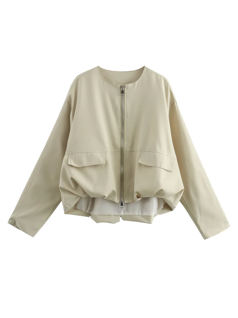 Damen Leichte Cropped Bomberjacke mit Rundhals, Zwei-Wege-Reißverschluss und Pattentaschen Nord Taschen