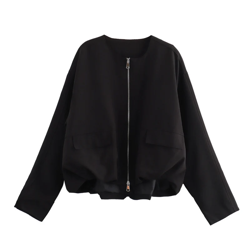 Damen Leichte Cropped Bomberjacke mit Rundhals, Zwei-Wege-Reißverschluss und Pattentaschen Nord Taschen