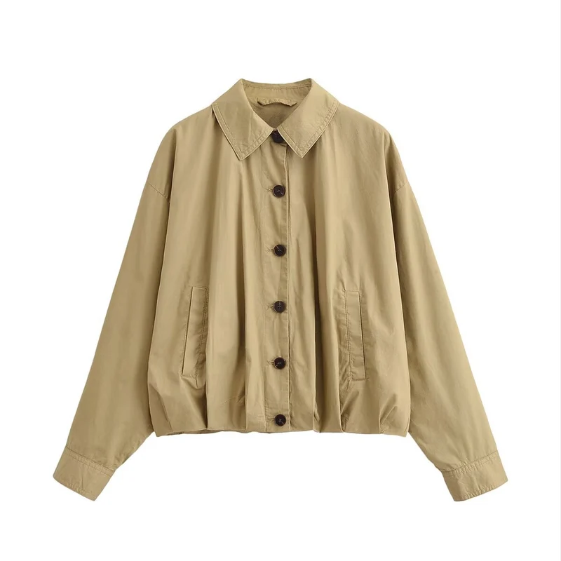 Damen Leichte Cropped Bomberjacke mit Knopfleiste und Gummizugsaum Nord Taschen