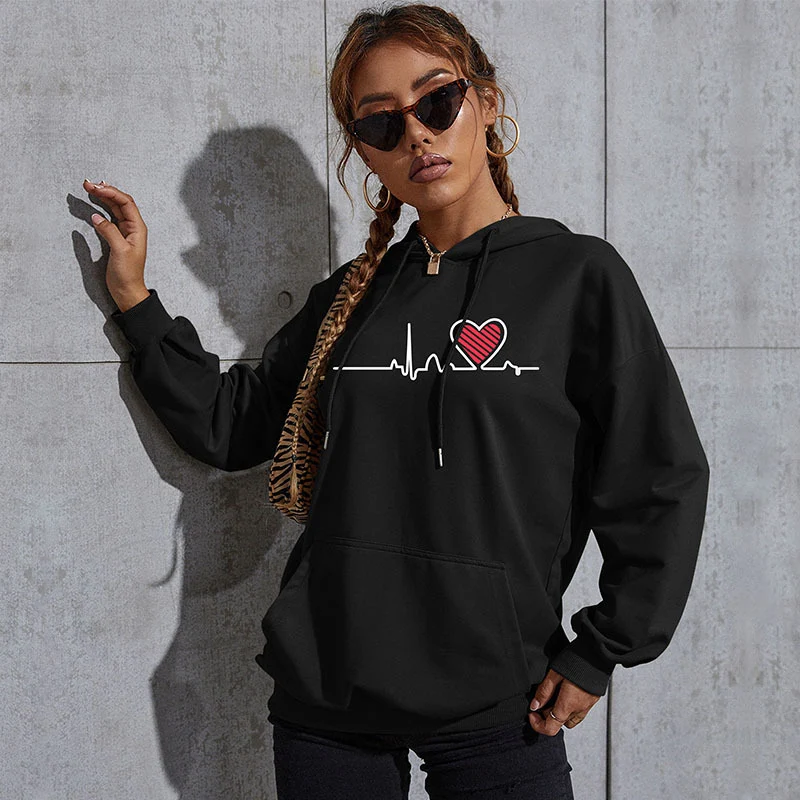 Damen Oversize-Kapuzenpullover mit Herz-EKG‑Print und Kängurutasche Nord Taschen