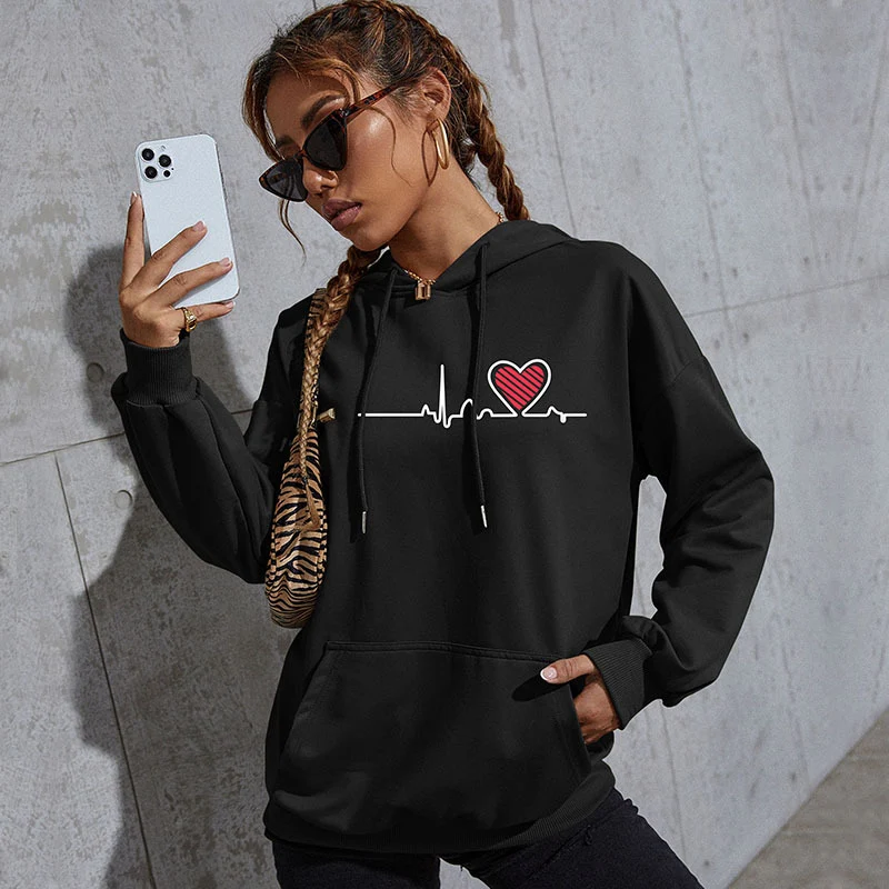 Damen Oversize-Kapuzenpullover mit Herz-EKG‑Print und Kängurutasche Nord Taschen