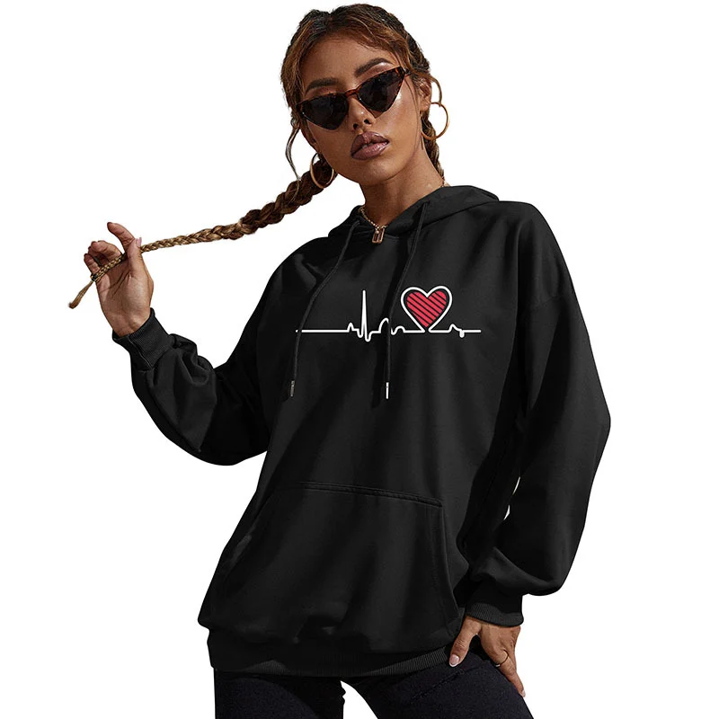 Damen Oversize-Kapuzenpullover mit Herz-EKG‑Print und Kängurutasche Nord Taschen
