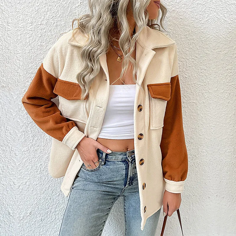 Damen Oversize-Hemdjacke mit Kontrastärmeln und aufgesetzten Brusttaschen Nord Taschen