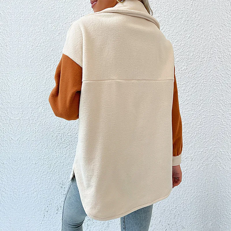 Damen Oversize-Hemdjacke mit Kontrastärmeln und aufgesetzten Brusttaschen Nord Taschen