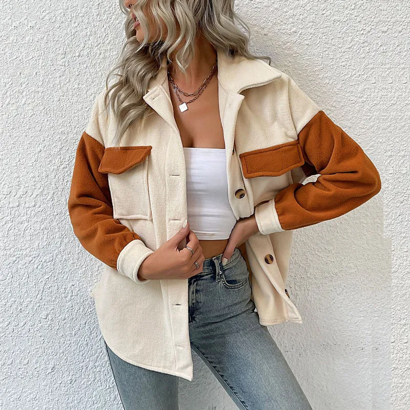 Damen Oversize-Hemdjacke mit Kontrastärmeln und aufgesetzten Brusttaschen Nord Taschen