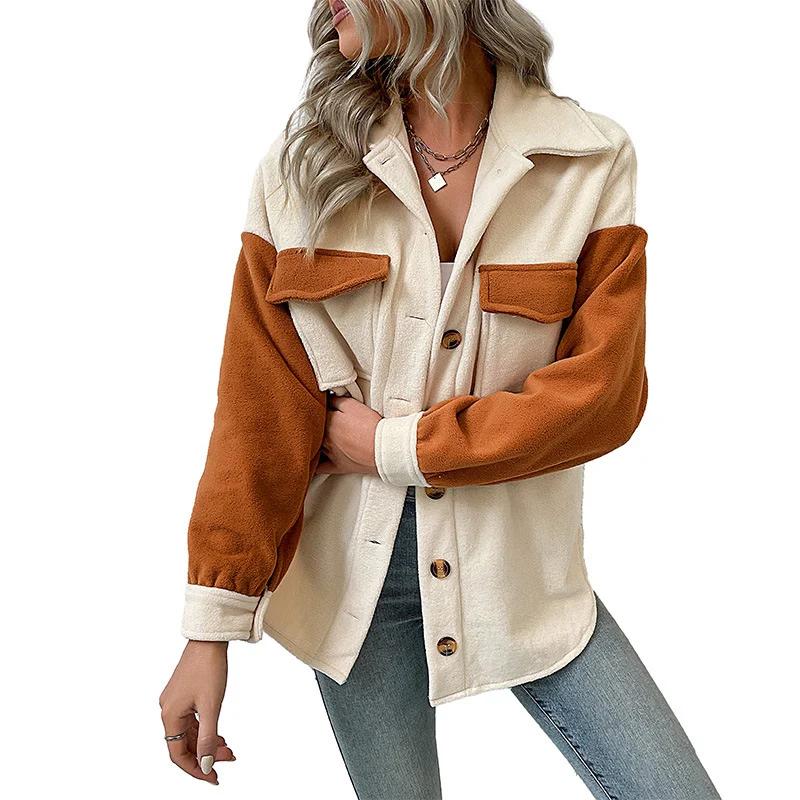 Damen Oversize-Hemdjacke mit Kontrastärmeln und aufgesetzten Brusttaschen Nord Taschen