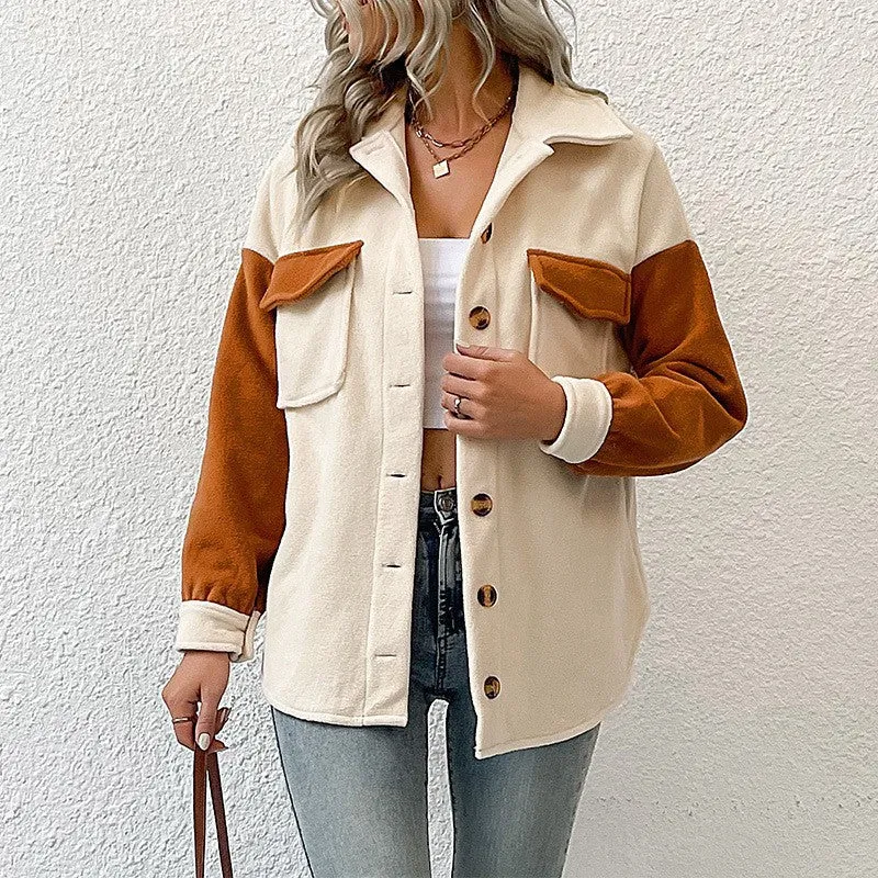 Damen Oversize-Hemdjacke mit Kontrastärmeln und aufgesetzten Brusttaschen Nord Taschen