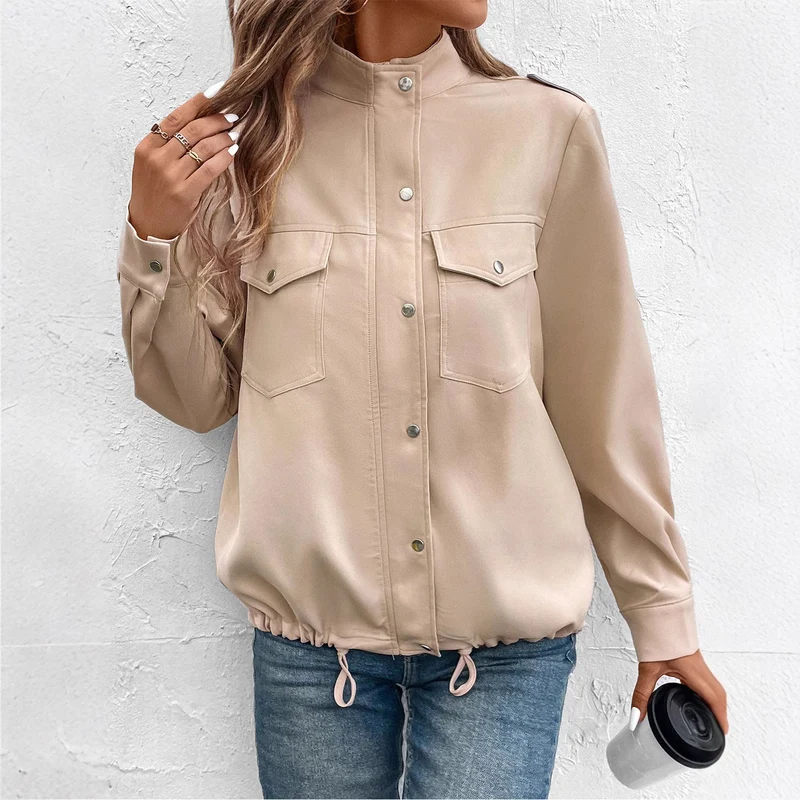 Damen Oversize Hemdjacke mit Druckknopf-Front, Brustklappen und Tunnelzugsaum Nord Taschen