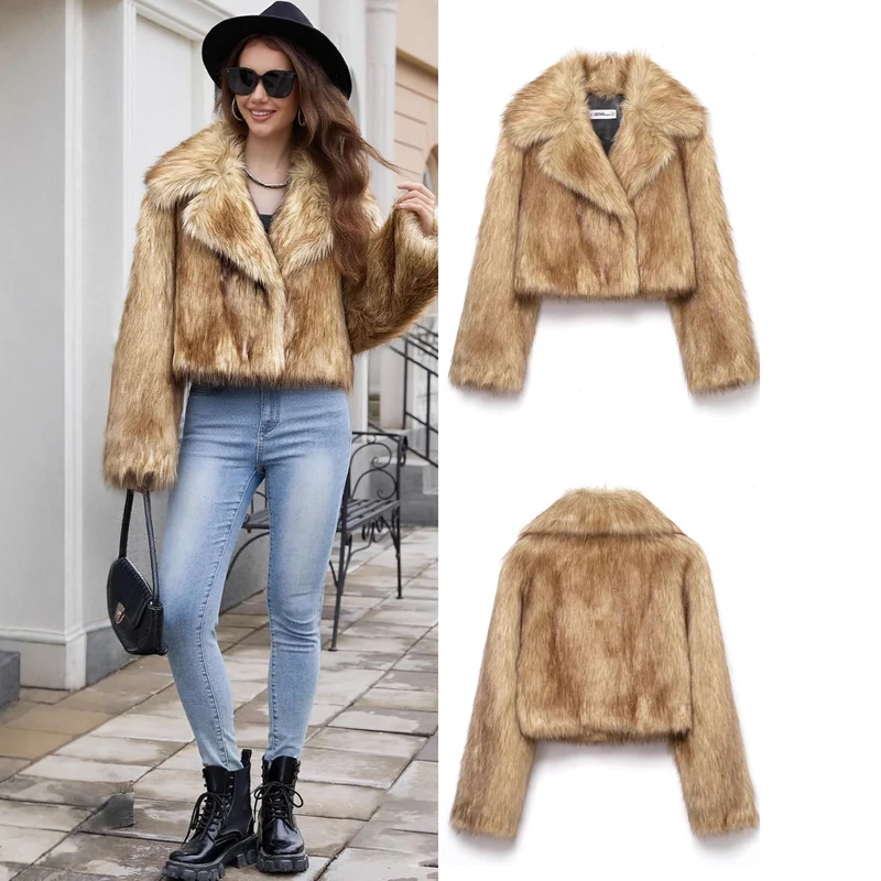 Damen Kurzer taillierter Faux-Fur-Blouson mit breitem Schalkragen Nord Taschen