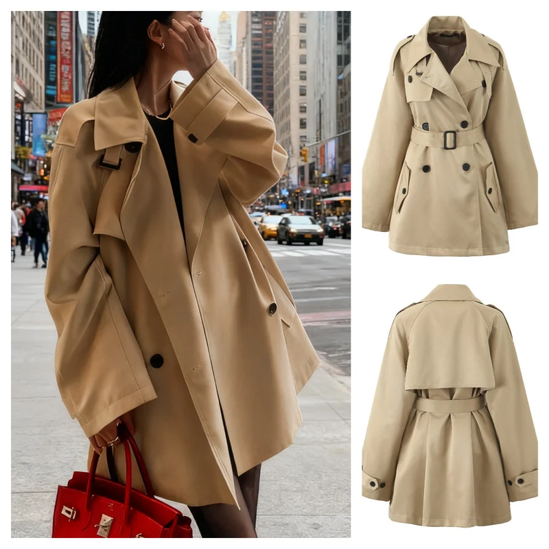Damen Kurzer taillierter Doppelreiher-Trench mit Cape-Ärmeln und Bindegürtel Nord Taschen