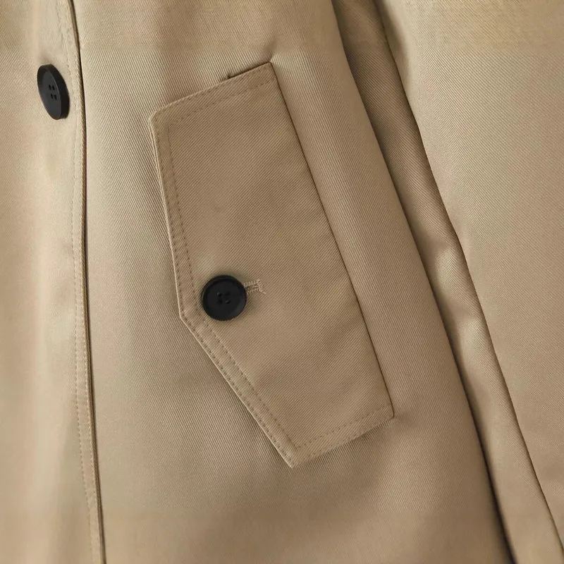 Damen Kurzer taillierter Doppelreiher-Trench mit Cape-Ärmeln und Bindegürtel Nord Taschen