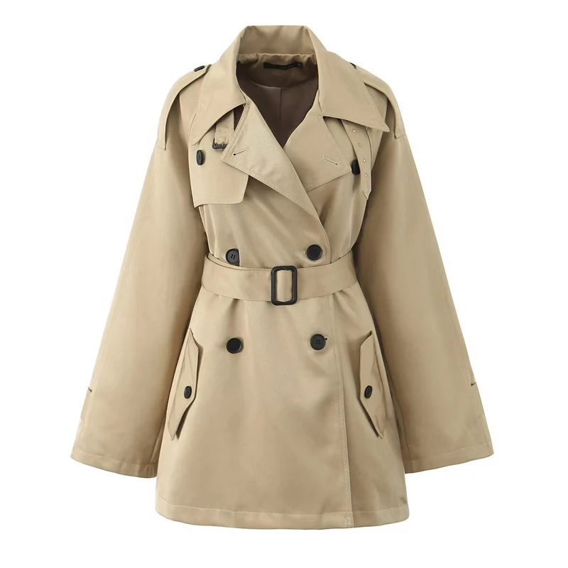 Damen Kurzer taillierter Doppelreiher-Trench mit Cape-Ärmeln und Bindegürtel Nord Taschen