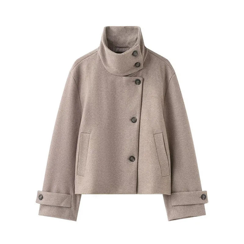 Damen Kurzer kastiger Wollmantel mit asymmetrischer Knopfleiste und Stehkragen Nord Taschen
