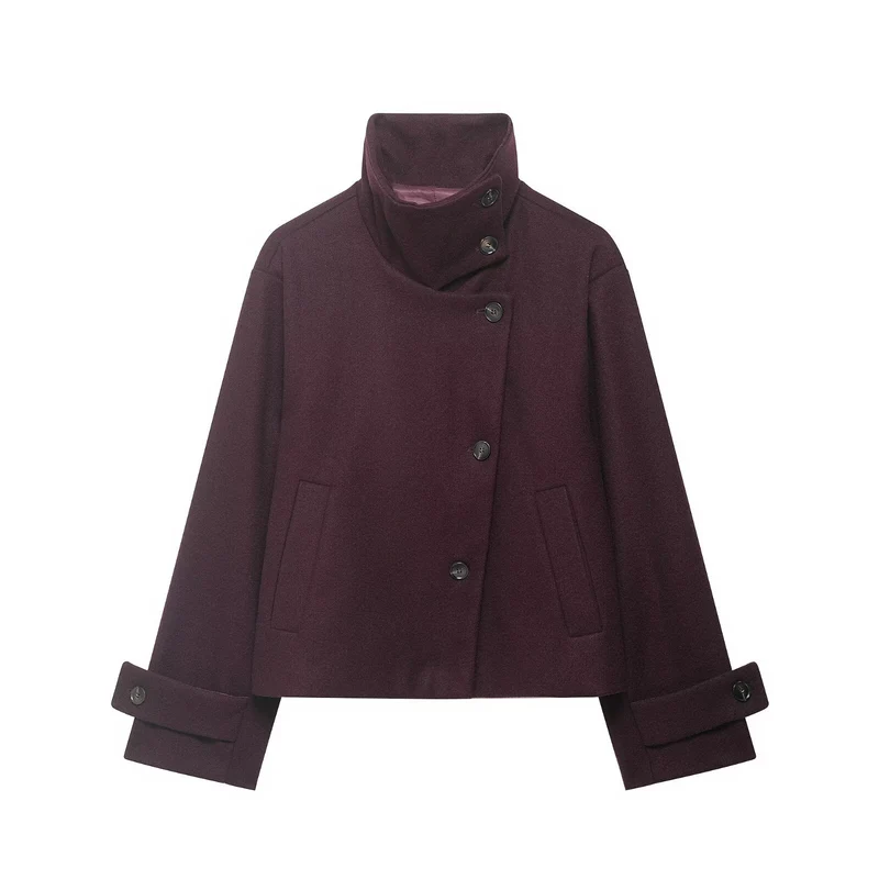 Damen Kurzer kastiger Wollmantel mit asymmetrischer Knopfleiste und Stehkragen Nord Taschen