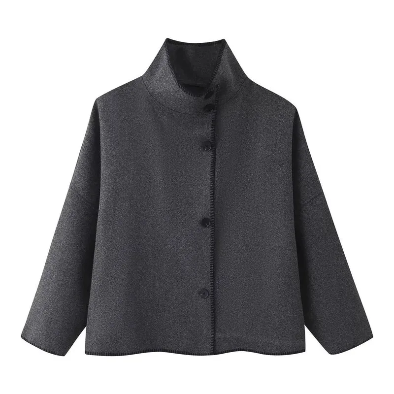 Damen Kurzer kastiger Mantel‑Cape mit Stehkragen und Kontrast‑Ziernaht Nord Taschen