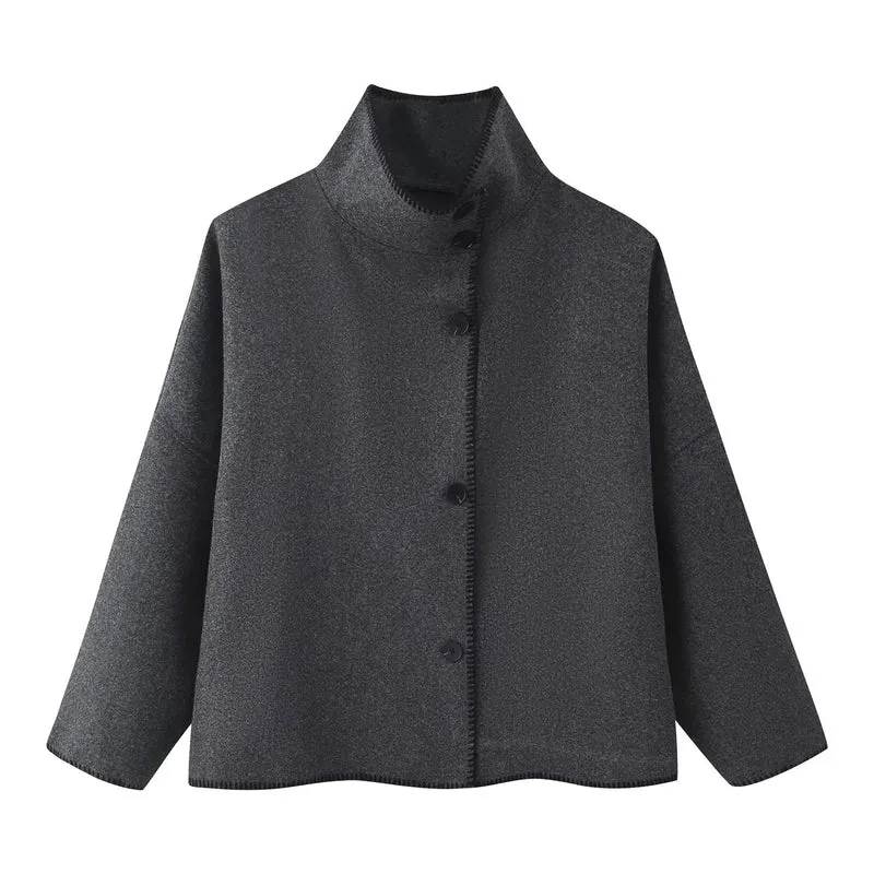 Damen Kurzer kastiger Mantel‑Cape mit Stehkragen und Kontrast‑Ziernaht Nord Taschen