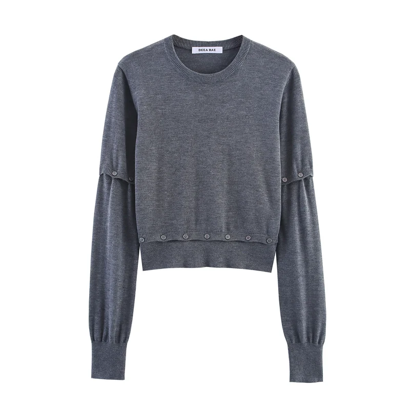 Damen Kurzer Feinstrick-Pullover mit Ballonärmeln und Dekoknopf-Bund Nord Taschen