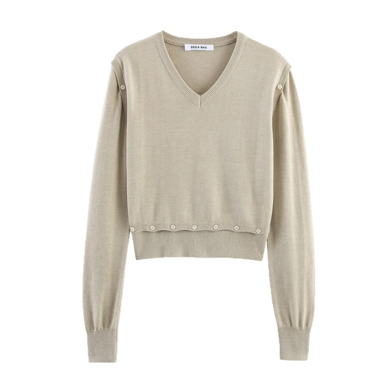 Damen Kurzer Feinstrick-Pullover mit Ballonärmeln und Dekoknopf-Bund Nord Taschen