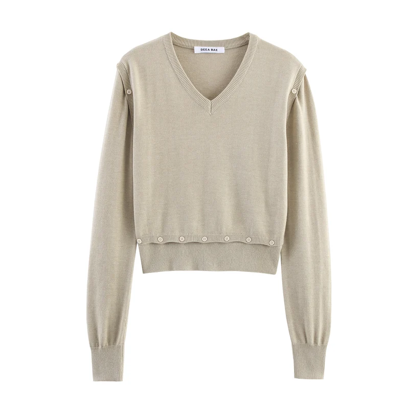 Damen Kurzer Feinstrick-Pullover mit Ballonärmeln und Dekoknopf-Bund Nord Taschen
