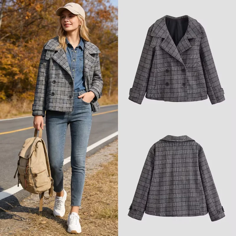 Damen Kurzer Doppelreihiger Glencheck‑Mantel mit weitem Revers Nord Taschen