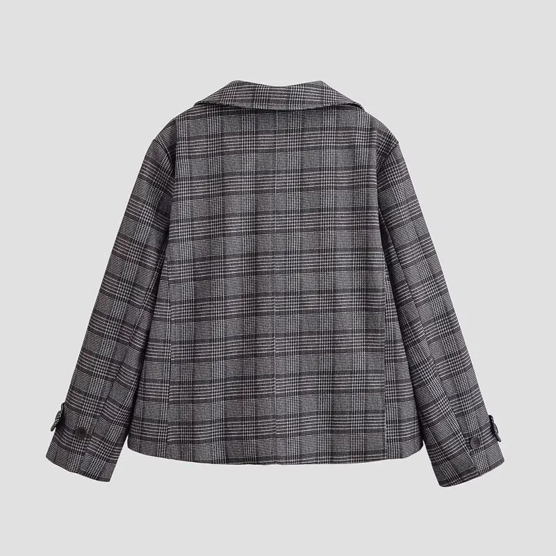 Damen Kurzer Doppelreihiger Glencheck‑Mantel mit weitem Revers Nord Taschen