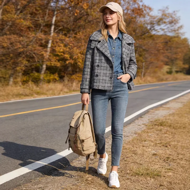 Damen Kurzer Doppelreihiger Glencheck‑Mantel mit weitem Revers Nord Taschen