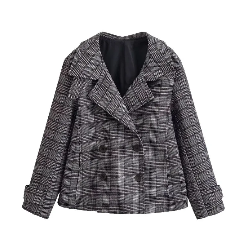 Damen Kurzer Doppelreihiger Glencheck‑Mantel mit weitem Revers Nord Taschen