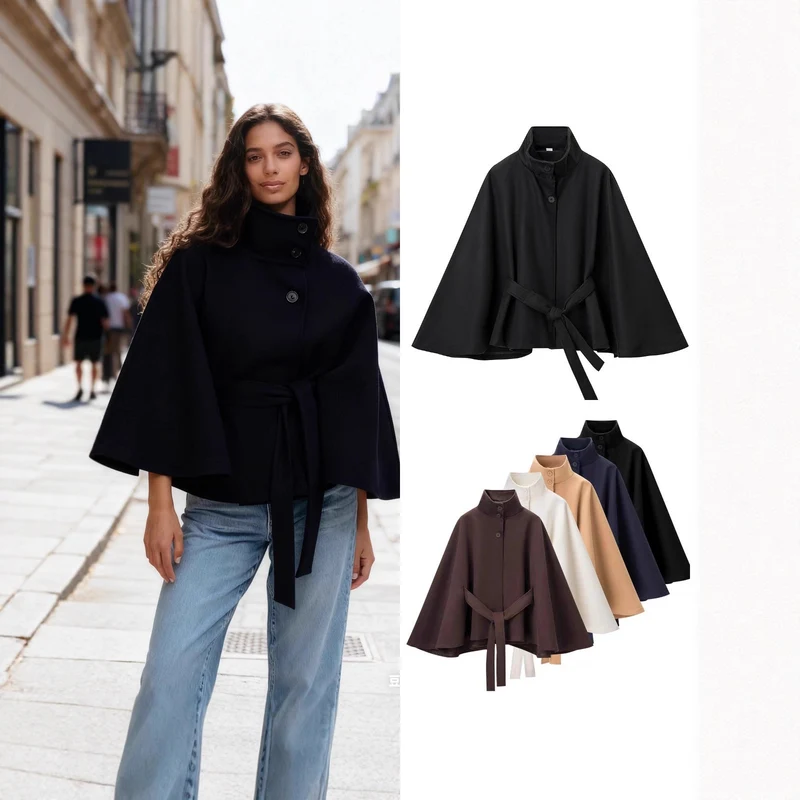 Damen Kurzer Cape-Mantel mit Stehkragen, verdeckter Knopfleiste und Bindegürtel Nord Taschen