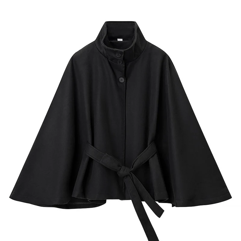 Damen Kurzer Cape-Mantel mit Stehkragen, verdeckter Knopfleiste und Bindegürtel Nord Taschen