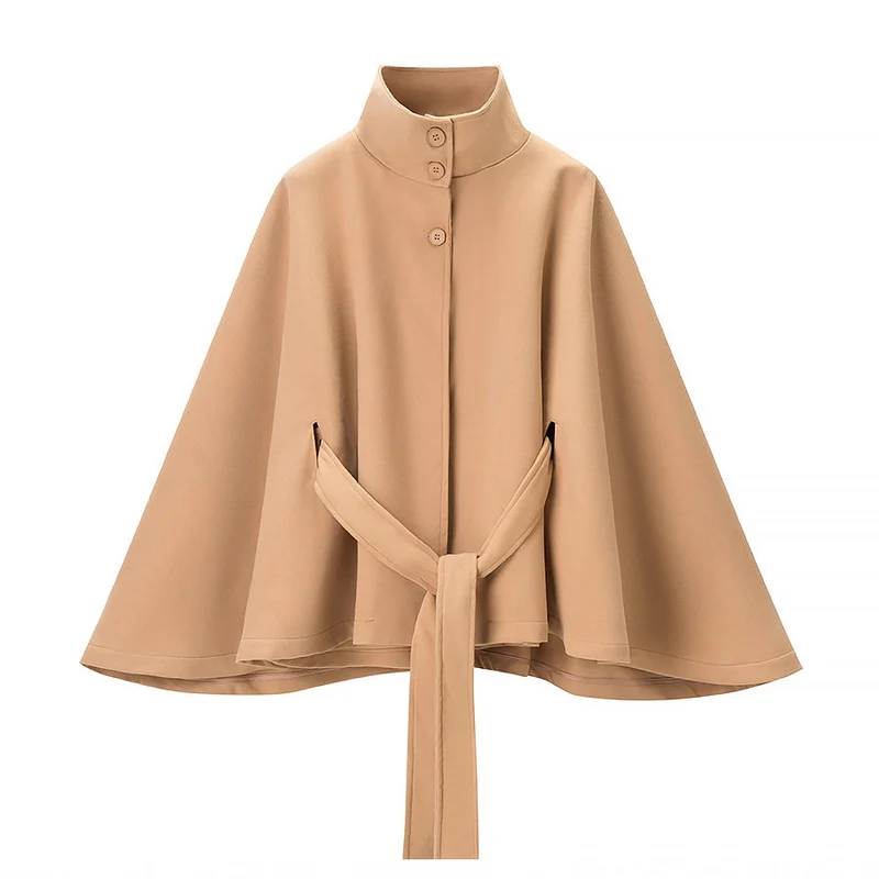 Damen Kurzer Cape-Mantel mit Stehkragen, verdeckter Knopfleiste und Bindegürtel Nord Taschen