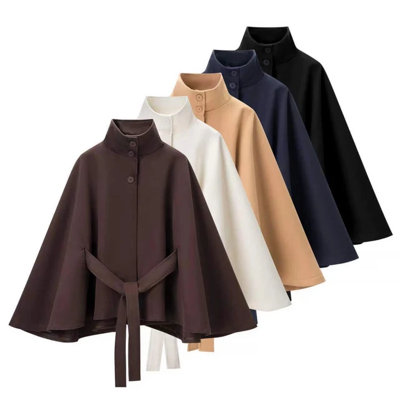 Damen Kurzer Cape-Mantel mit Stehkragen, verdeckter Knopfleiste und Bindegürtel Nord Taschen